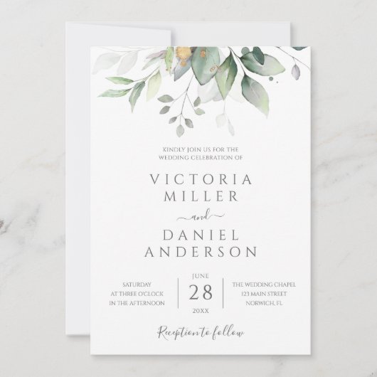 Eucalyptus Greenery Gold Leaves Elegant Wedding Kaart (Voorkant)