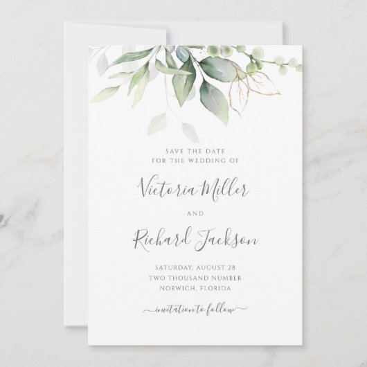Eucalyptus Greenery Gold Leaves Elegant Wedding Save The Date (Voorkant)
