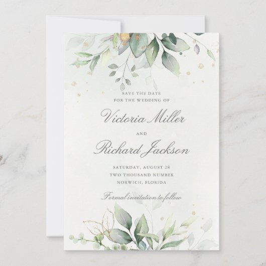 Eucalyptus Greenery Gold Leaves Elegant Wedding Save The Date (Voorkant)