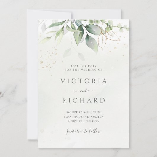 Eucalyptus Greenery Gold Leaves Elegant Wedding Save The Date (Voorkant)