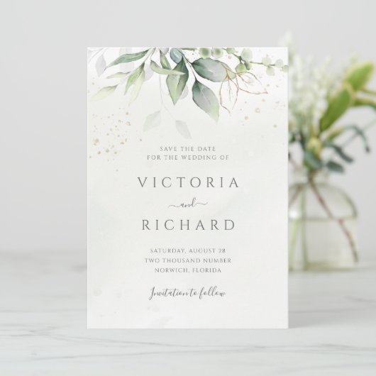 Eucalyptus Greenery Gold Leaves Elegant Wedding Save The Date (Staand voorkant)