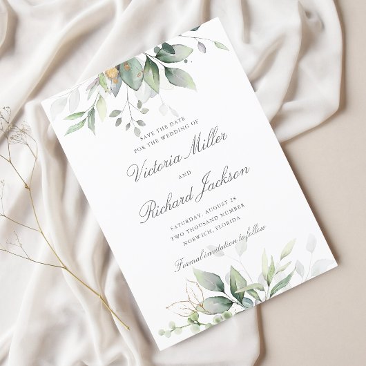 Eucalyptus Greenery Gold Leaves Elegant Wedding Save The Date