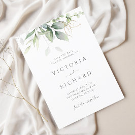 Eucalyptus Greenery Gold Leaves Elegant Wedding Save The Date