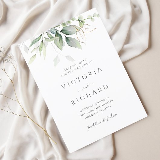 Eucalyptus Greenery Gold Leaves Elegant Wedding Save The Date