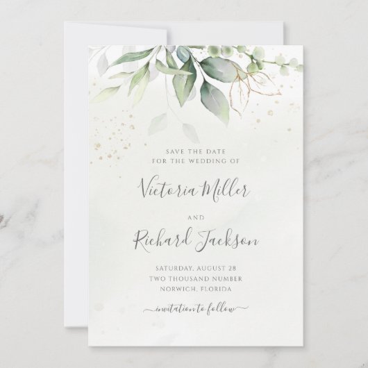 Eucalyptus Greenery Gold Leaves Elegant Wedding Save The Date (Voorkant)