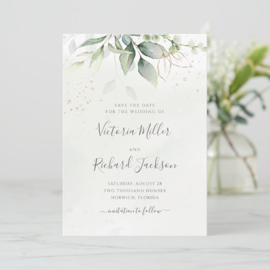 Eucalyptus Greenery Gold Leaves Elegant Wedding Save The Date (Staand voorkant)