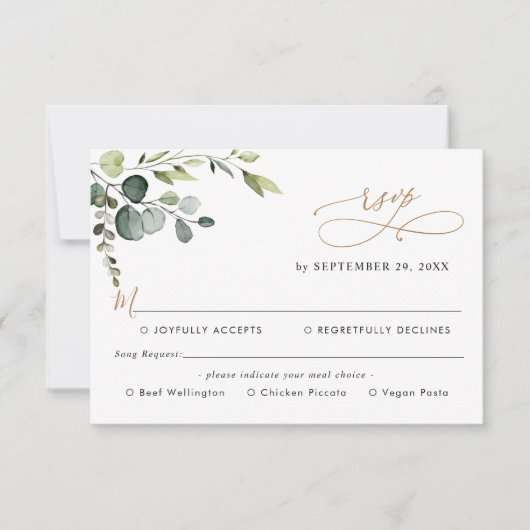 Eucalyptus Greenery Gold Meal Options Song Request RSVP Kaartje (Voorkant)
