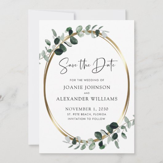 Eucalyptus Greenery Gold Metallic Save the Date (Voorkant)
