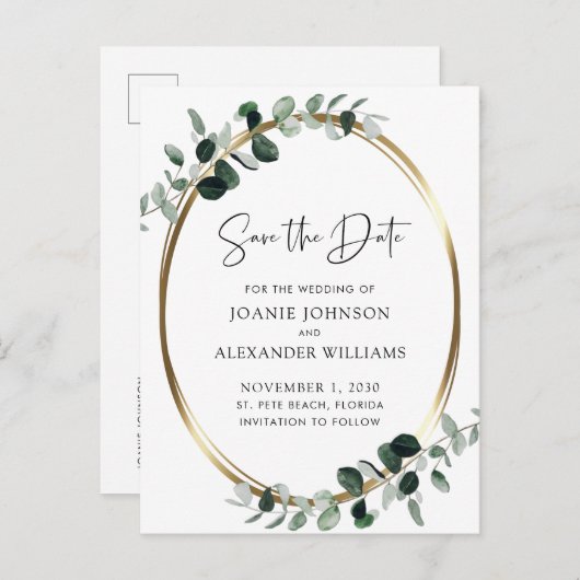 Eucalyptus Greenery Gold Metallic Save the Date Aankondigingskaart (Voorkant / Achterkant)
