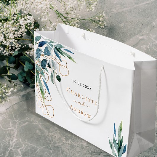 Eucalyptus greenery gold monogram bruiloft groot cadeauzakje