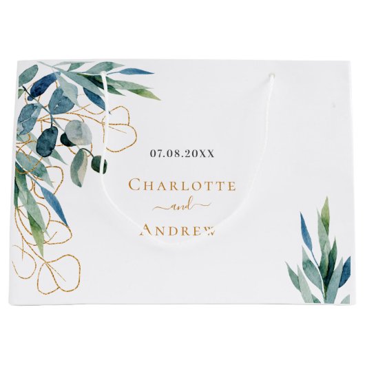 Eucalyptus greenery gold monogram bruiloft groot cadeauzakje (Voorkant)