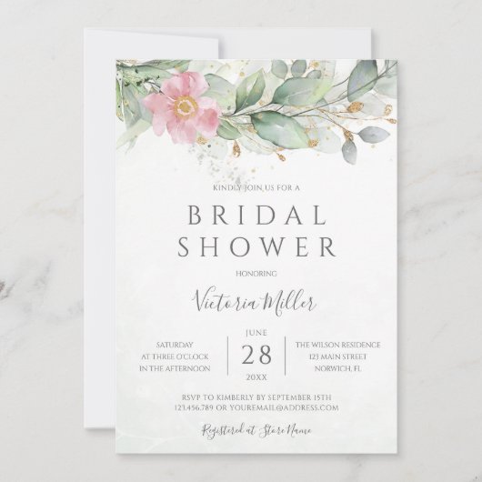 Eucalyptus Greenery Gold Pink Floral Vrijgezellenf Kaart (Voorkant)