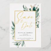 Eucalyptus Greenery Gold Romance Bruiloftsdatum Op Folie Uitnodiging (Voorkant)