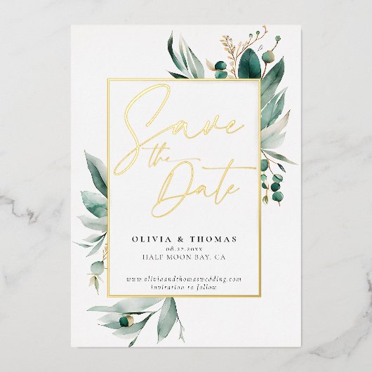 Eucalyptus Greenery Gold Romance Bruiloftsdatum Op Folie Uitnodiging (Voorkant)