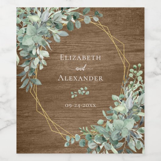 Eucalyptus Greenery Gold Rustic Wood Weddenschap Wijn Etiket (Enkel label)