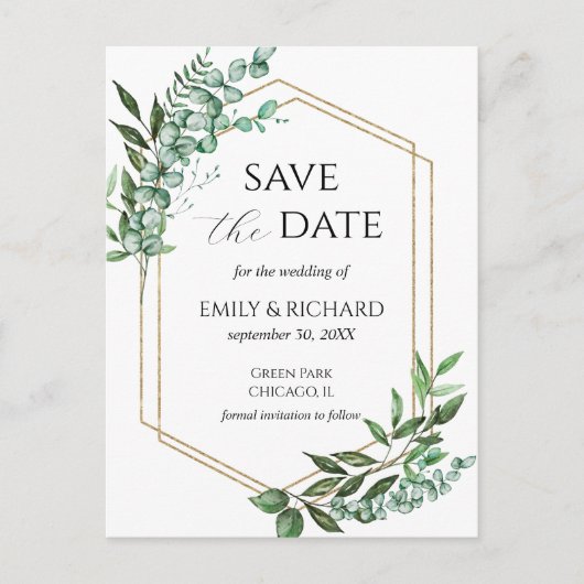 Eucalyptus Greenery Gold Save the Date Briefkaart (Voorkant)
