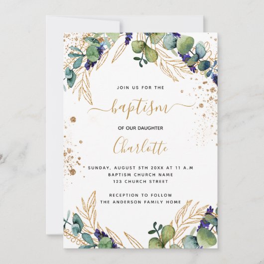 Eucalyptus greenery Gold script baptisme Kaart (Voorkant)
