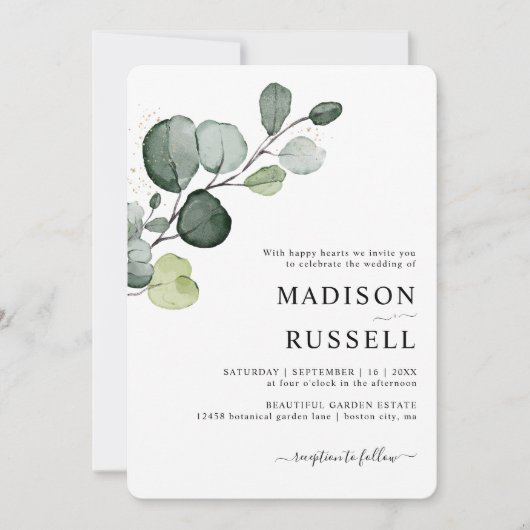 Eucalyptus Greenery Gold Splatter Wedding Kaart (Voorkant)