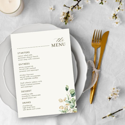 Eucalyptus Greenery & Gold Trouwtafel Menu Kaart
