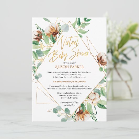 Eucalyptus Greenery Gold Virtual Baby shower Kaart (Staand voorkant)