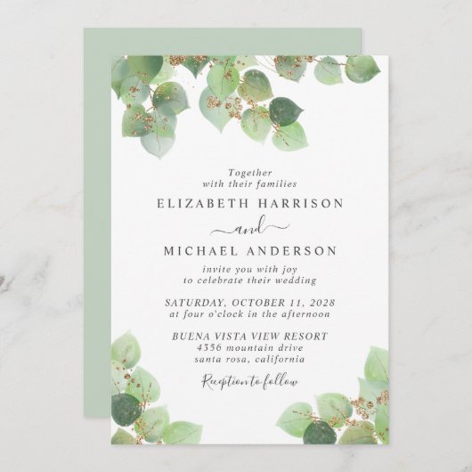 Eucalyptus Greenery Gold Waterverf Wedding Kaart (Voorkant / Achterkant)