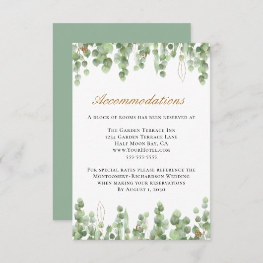 Eucalyptus Greenery Gold Wedding Accommodations Informatiekaartje (Voorkant / Achterkant)