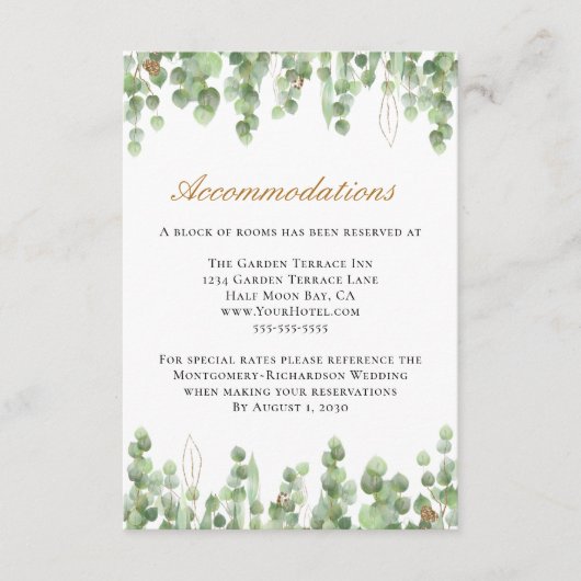 Eucalyptus Greenery Gold Wedding Accommodations Informatiekaartje (Voorkant)