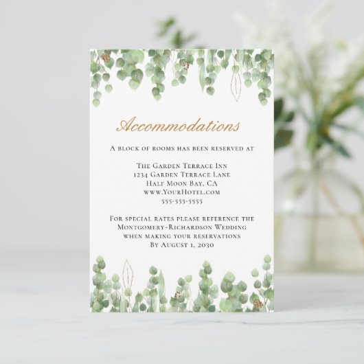 Eucalyptus Greenery Gold Wedding Accommodations Informatiekaartje (Staand voorkant)