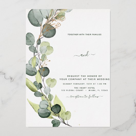 Eucalyptus Greenery Gold Wedding Folie Uitnodiging (Voorkant)