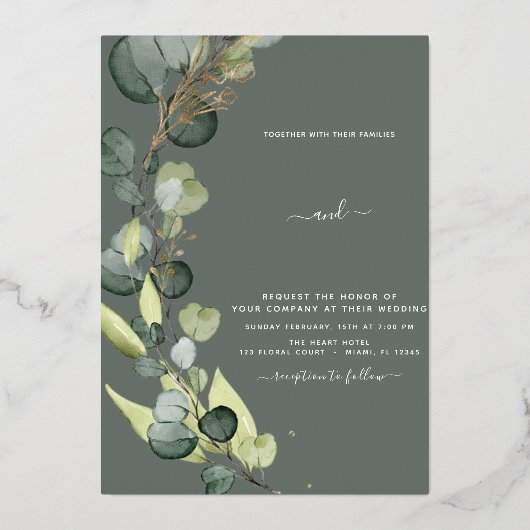 Eucalyptus Greenery Gold Wedding Folie Uitnodiging (Voorkant)