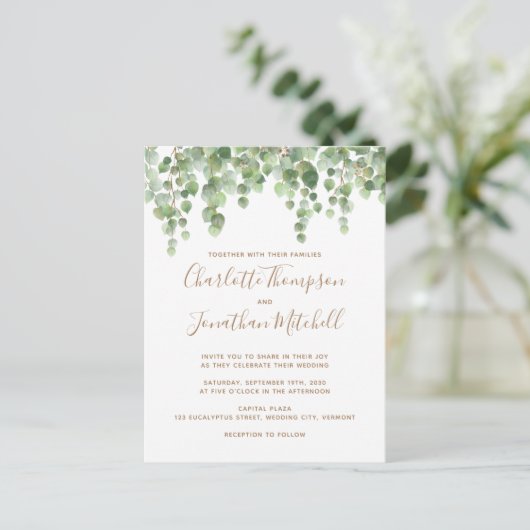 Eucalyptus Greenery Gold Wedding Invitation Briefkaart (Staand voorkant)