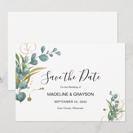 Eucalyptus Greenery Gold Wedding Invitation Save The Date (Voorkant / Achterkant)
