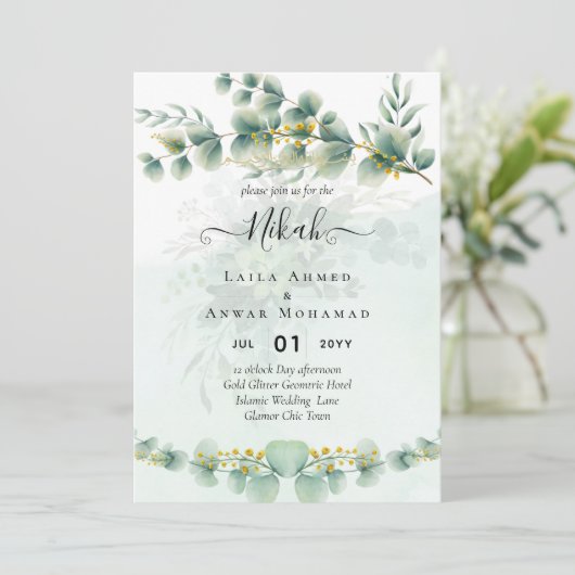 Eucalyptus Greenery Gold WEDDING QR CODE Modern Kaart (Staand voorkant)