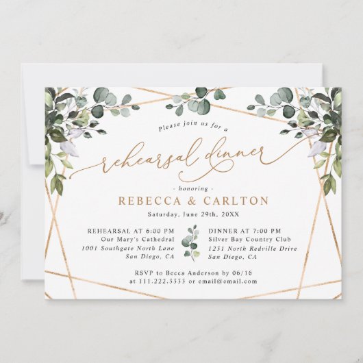 Eucalyptus Greenery Gold Wedding Rehearsal Dinner Kaart (Voorkant)