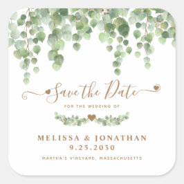Eucalyptus Greenery Gold Wedding Save the Date Vierkante Sticker