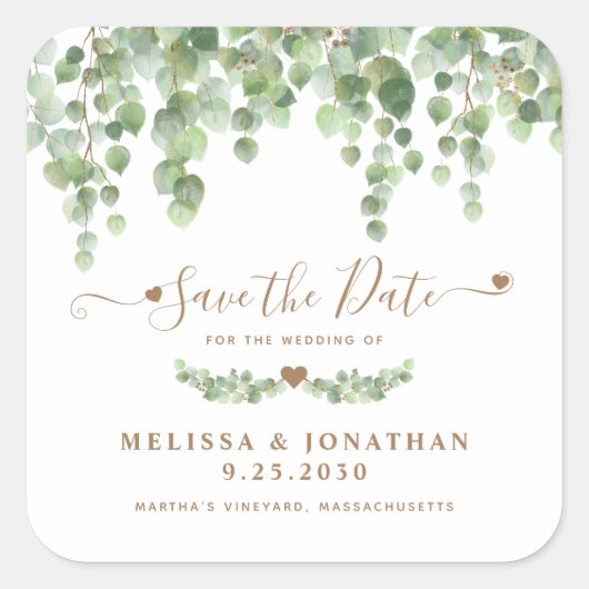 Eucalyptus Greenery Gold Wedding Save the Date Vierkante Sticker (Voorkant)