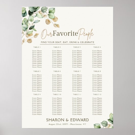 Eucalyptus Greenery & Gold Wedding Zitting Grafiek Poster (Voorkant)