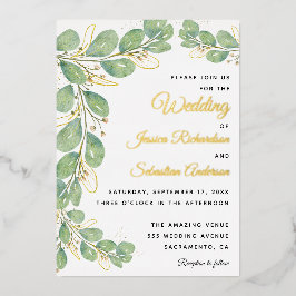 Eucalyptus Greenery Gold White Elegant Wedding Folie Uitnodiging