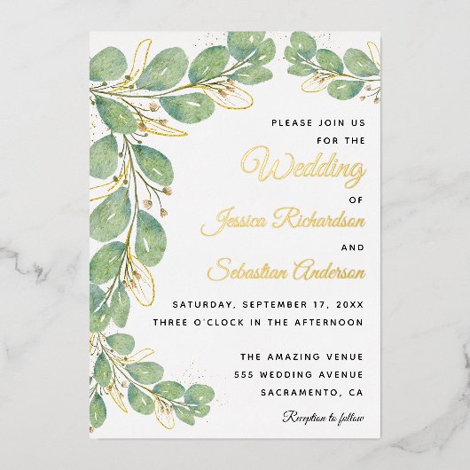 Eucalyptus Greenery Gold White Elegant Wedding Folie Uitnodiging (Voorkant)