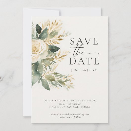 Eucalyptus Greenery Goud Groen Elegant Huwelijk Save The Date (Voorkant)