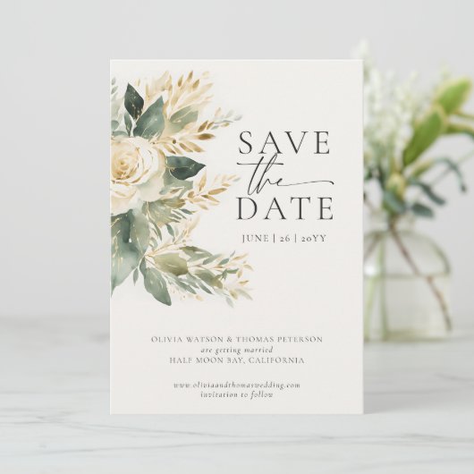 Eucalyptus Greenery Goud Groen Elegant Huwelijk Save The Date (Staand voorkant)