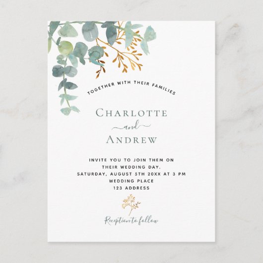 Eucalyptus greenery goudbruine bruiloft briefkaart (Voorkant)