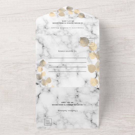 Eucalyptus greenery gouden marmerbruiloft all in one uitnodiging (Buitenkant)