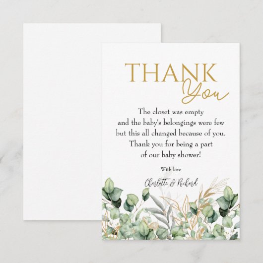 Eucalyptus Greenery Groene Blad & Goud Baby shower Bedankkaart (Voorkant / Achterkant)