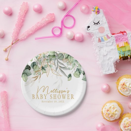 Eucalyptus Greenery Groene Blad & Goud Baby shower Papieren Bordje (Feest)