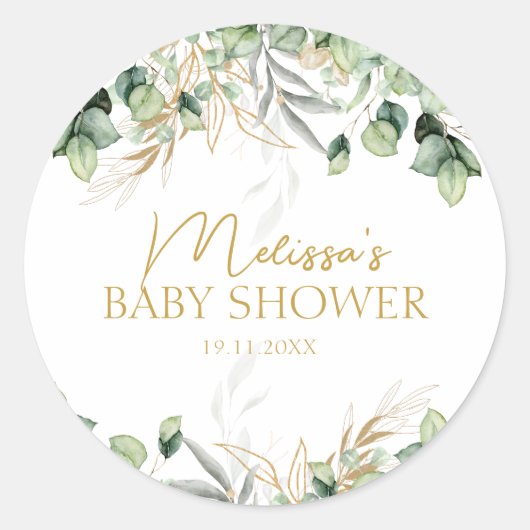 Eucalyptus Greenery Groene Blad & Goud Baby shower Ronde Sticker (Voorkant)