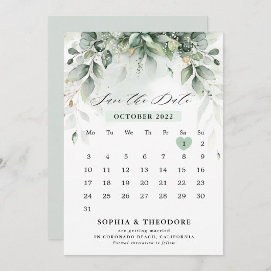 Eucalyptus Greenery Gum Botanical Rustic Calendar Save The Date (Voorkant / Achterkant)
