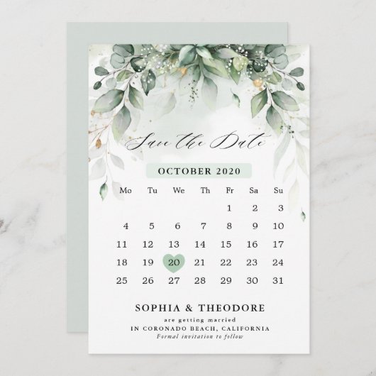 Eucalyptus Greenery Gum Botanical Rustic Calendar Save The Date (Voorkant / Achterkant)