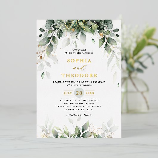 Eucalyptus Greenery Gum Botanical Rustic Wedding Folie Uitnodiging (Staand Voorkant)