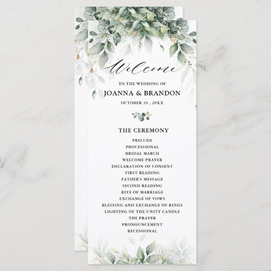 Eucalyptus Greenery Gum Botanical Rustic Wedding Programmakaart (Voorkant / Achterkant)